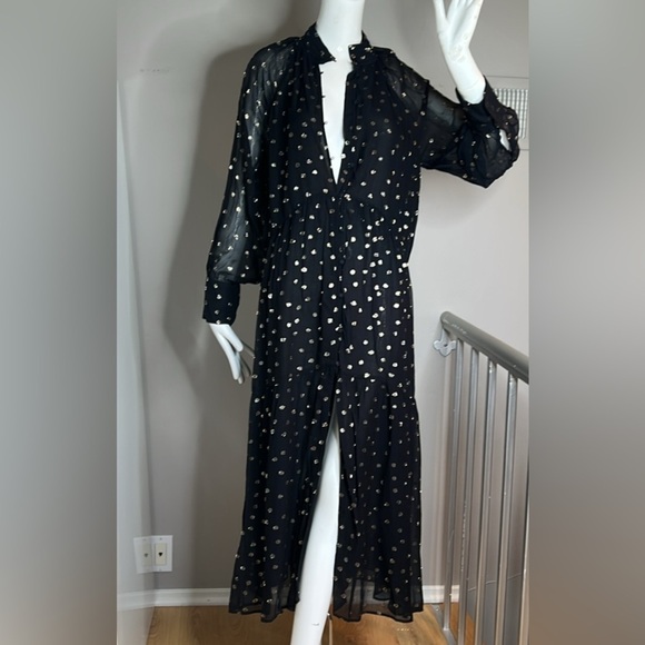 Zara Sz M Black Nylon Sheer Gold Polka Dot Lurex Front Button Lined - New w/tags - Picture 1 of 11